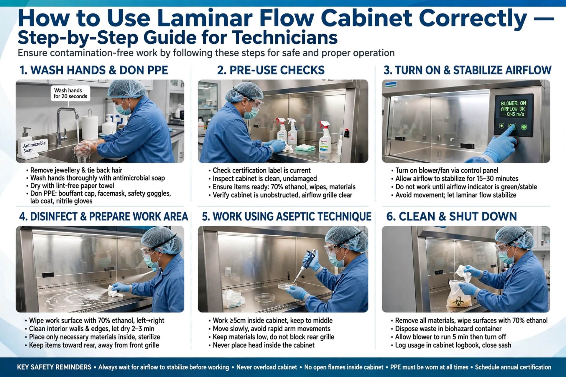 Cara menggunakan Laminar Flow Cabinet dengan benar step by step wash hands PPE airflow 0.45 m per s