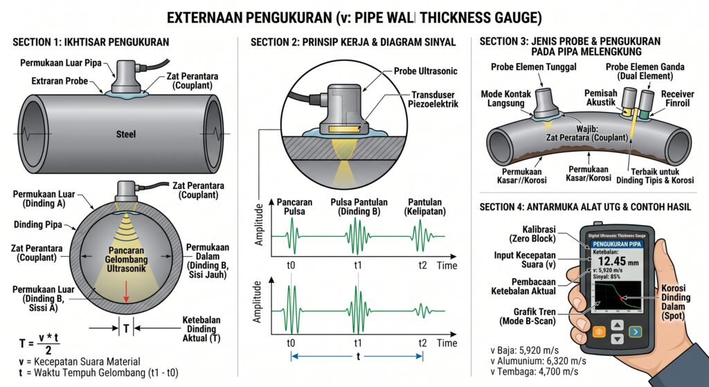 Ultrasonic Thickness Gauge mengukur ketebalan dinding pipa menggunakan metode pulse echo