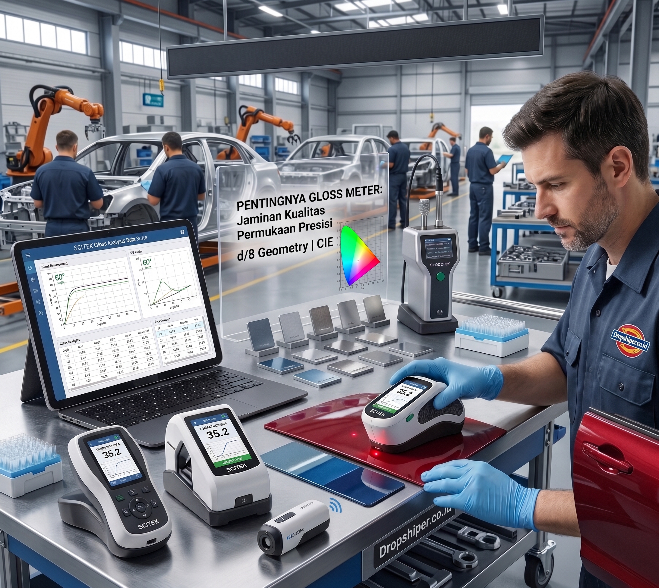 Pentingnya Gloss Meter dalam Industri untuk pengujian permukaan otomotif/Pentingnya Gloss Meter dalam Industri dengan sudut ukur 20 60 dan 85 derajat