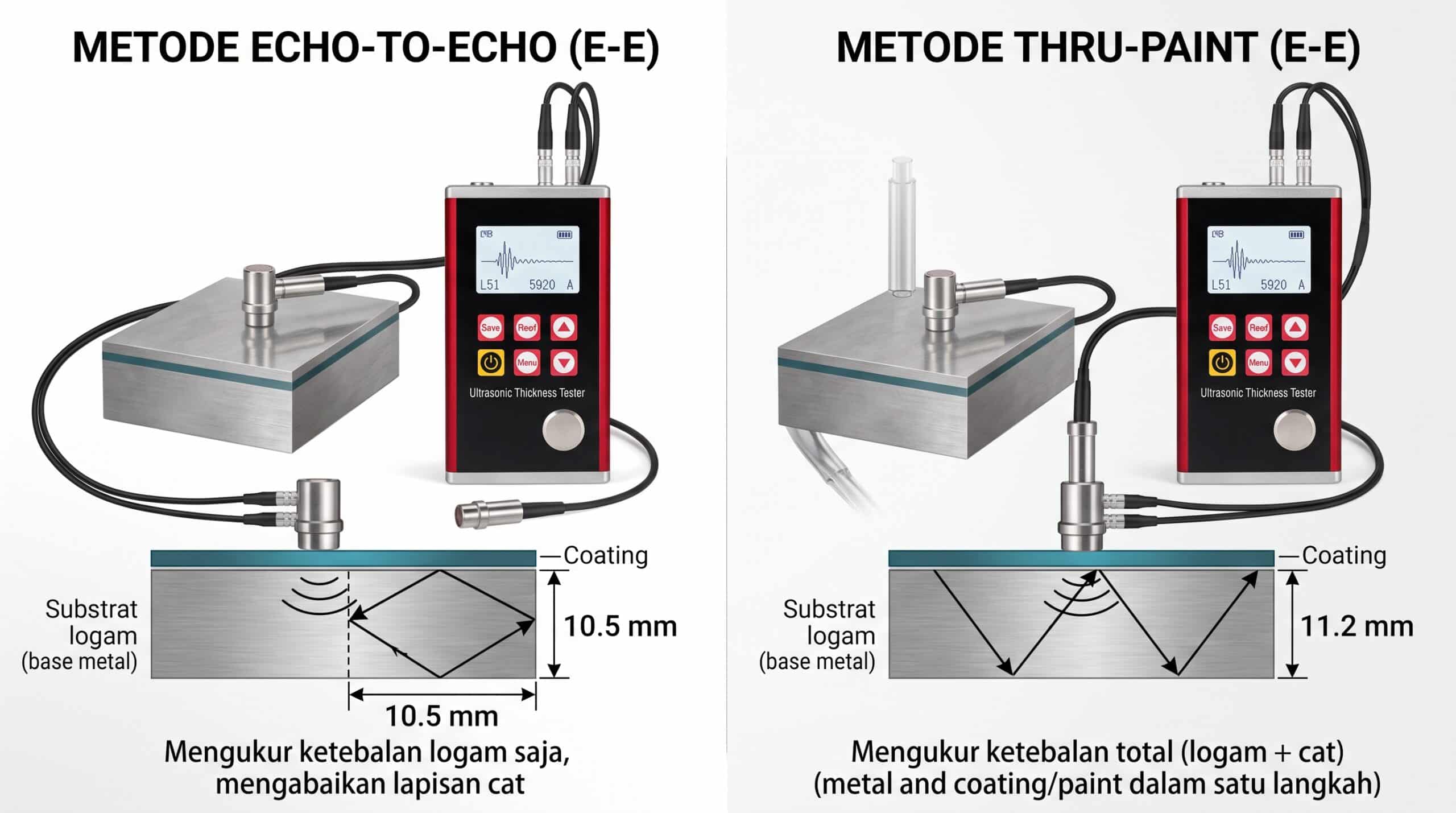 Uee932 Ultrasonic Thickness Gauge metode Echo-to-Echo pada pelat baja