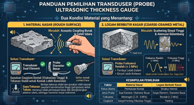 Pemilihan probe Ultrasonik Thickness Gauge pada logam berbutir kasar