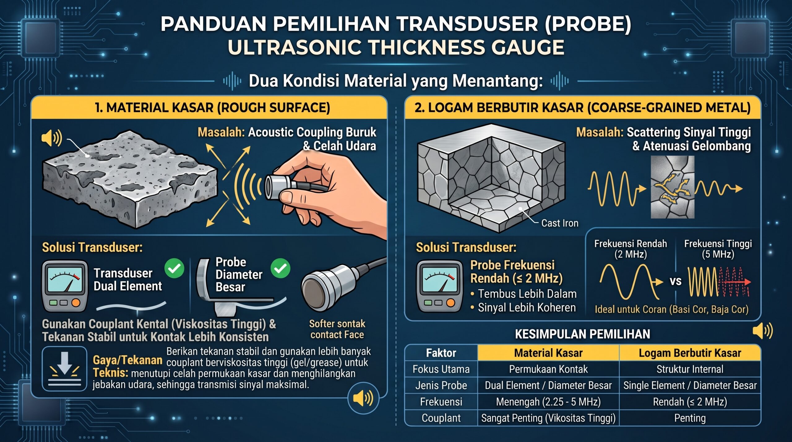 Pemilihan probe Ultrasonik Thickness Gauge pada logam berbutir kasar