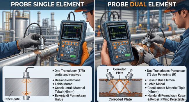 Ultrasonic Thickness Tester dengan probe single element untuk pengukuran ketebalan