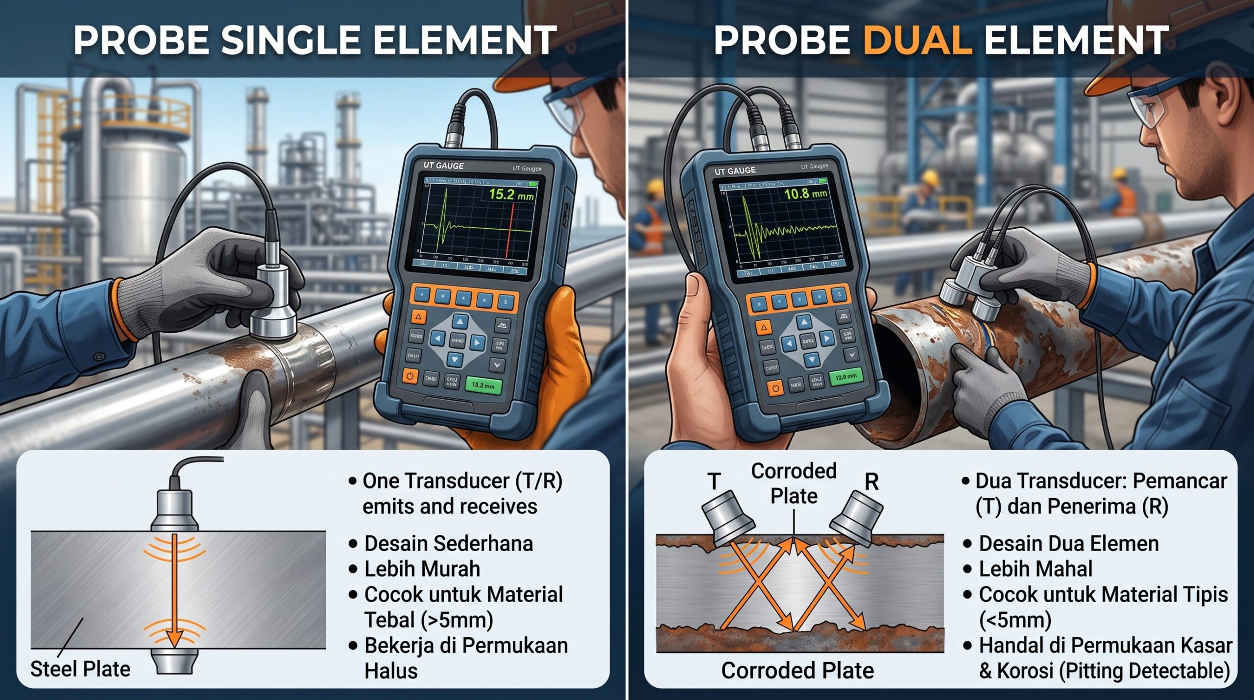 Ultrasonic Thickness Tester dengan probe single element untuk pengukuran ketebalan
