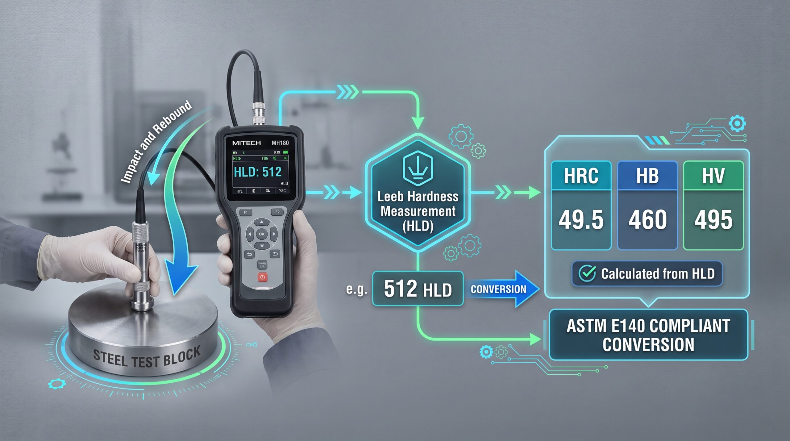 Leeb Hardness Tester MITECH MH180 untuk konversi skala kekerasan HLD ke HRC HB dan HV