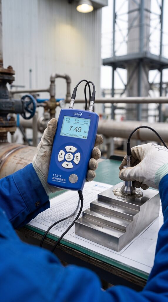 Ultrasonik Thickness Meter LS212 saat verifikasi menggunakan reference block standar