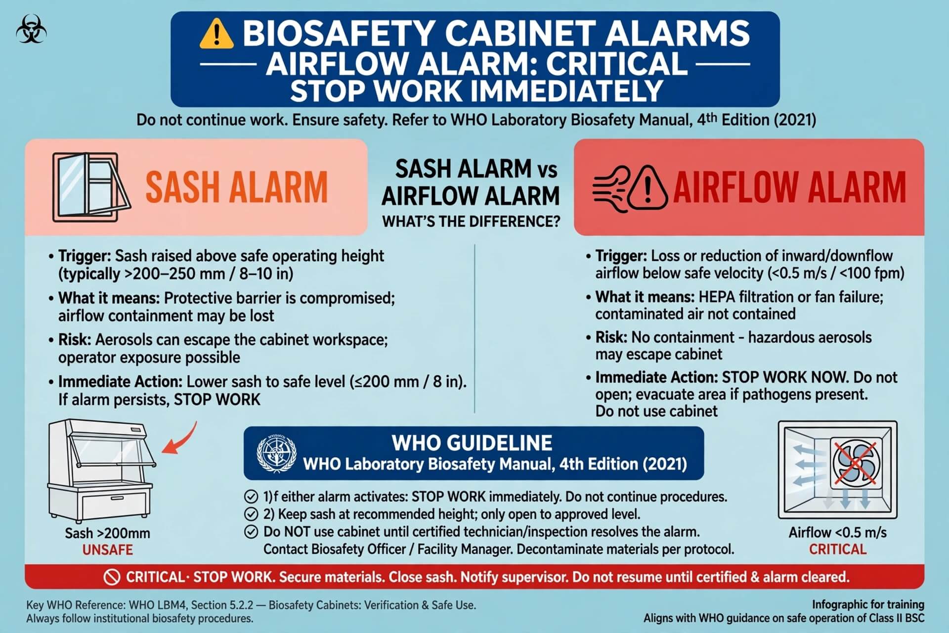 Perbedaan sash alarm vs airflow alarm BSC stop work WHO