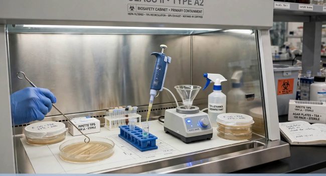 BSC mikrobiologi Class II A2 inokulasi streaking agar pipetting vortexing primary containment BSL-2
