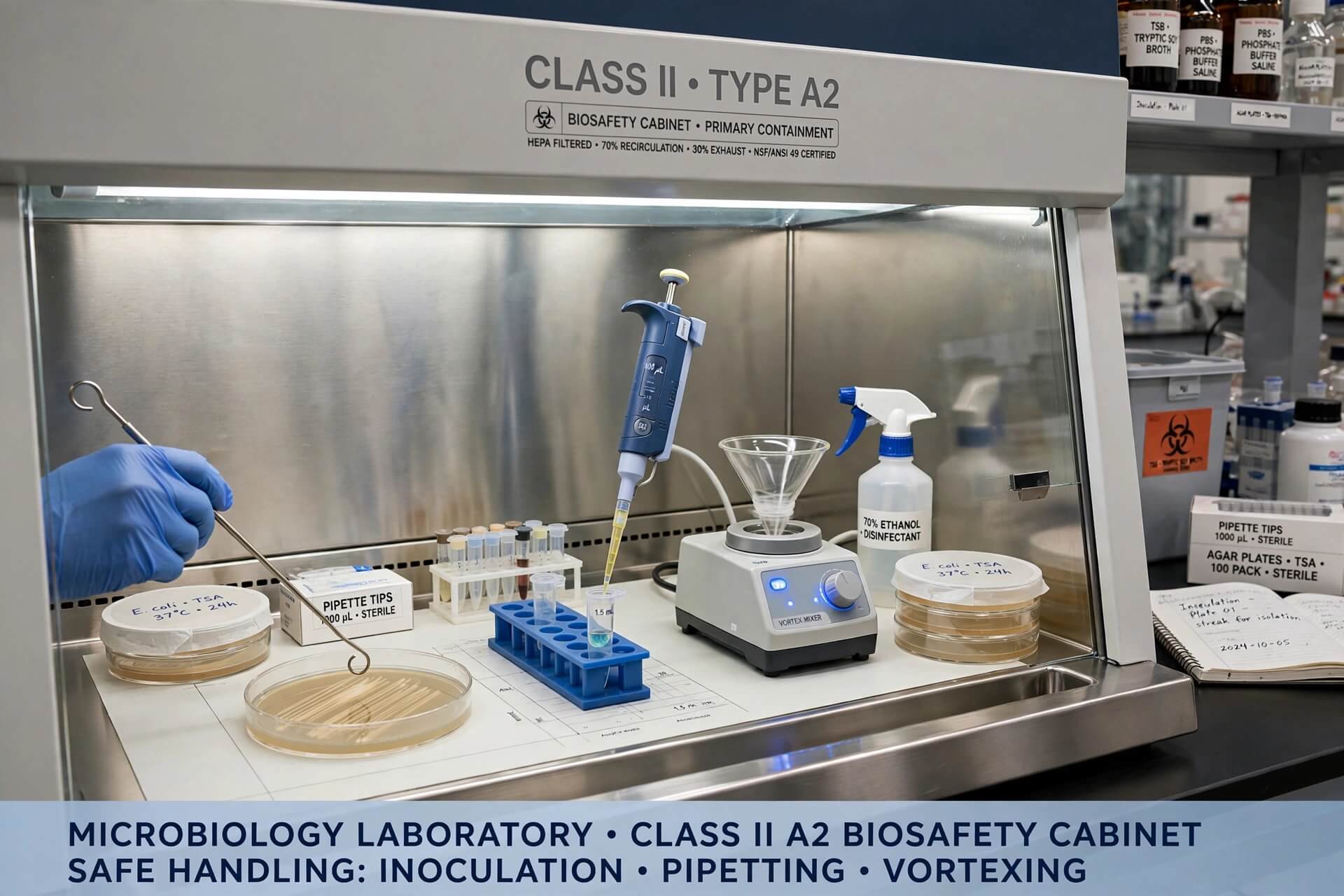 BSC mikrobiologi Class II A2 inokulasi streaking agar pipetting vortexing primary containment BSL-2