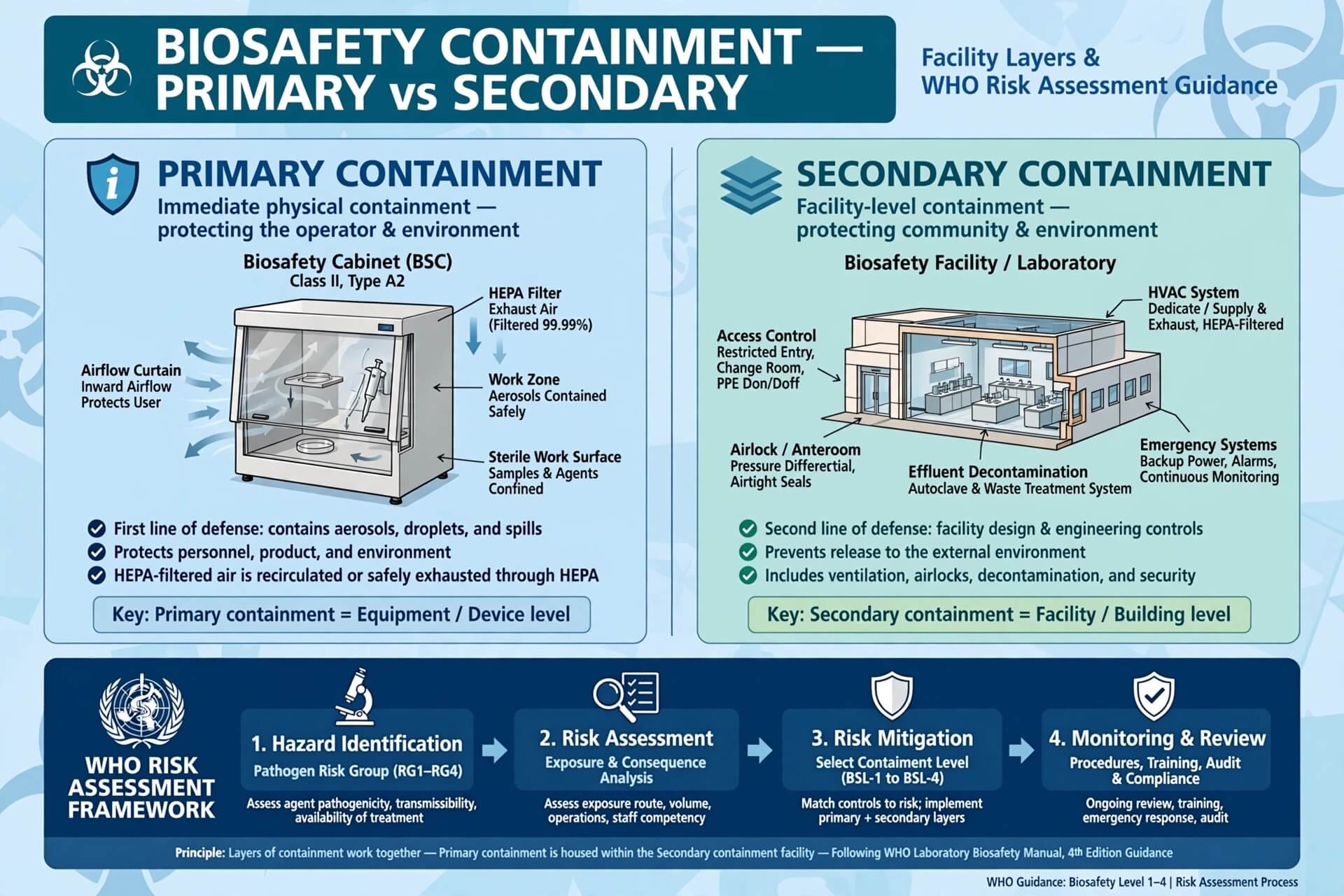 BSC primary containment vs secondary containment facility layers WHO risk assessment
