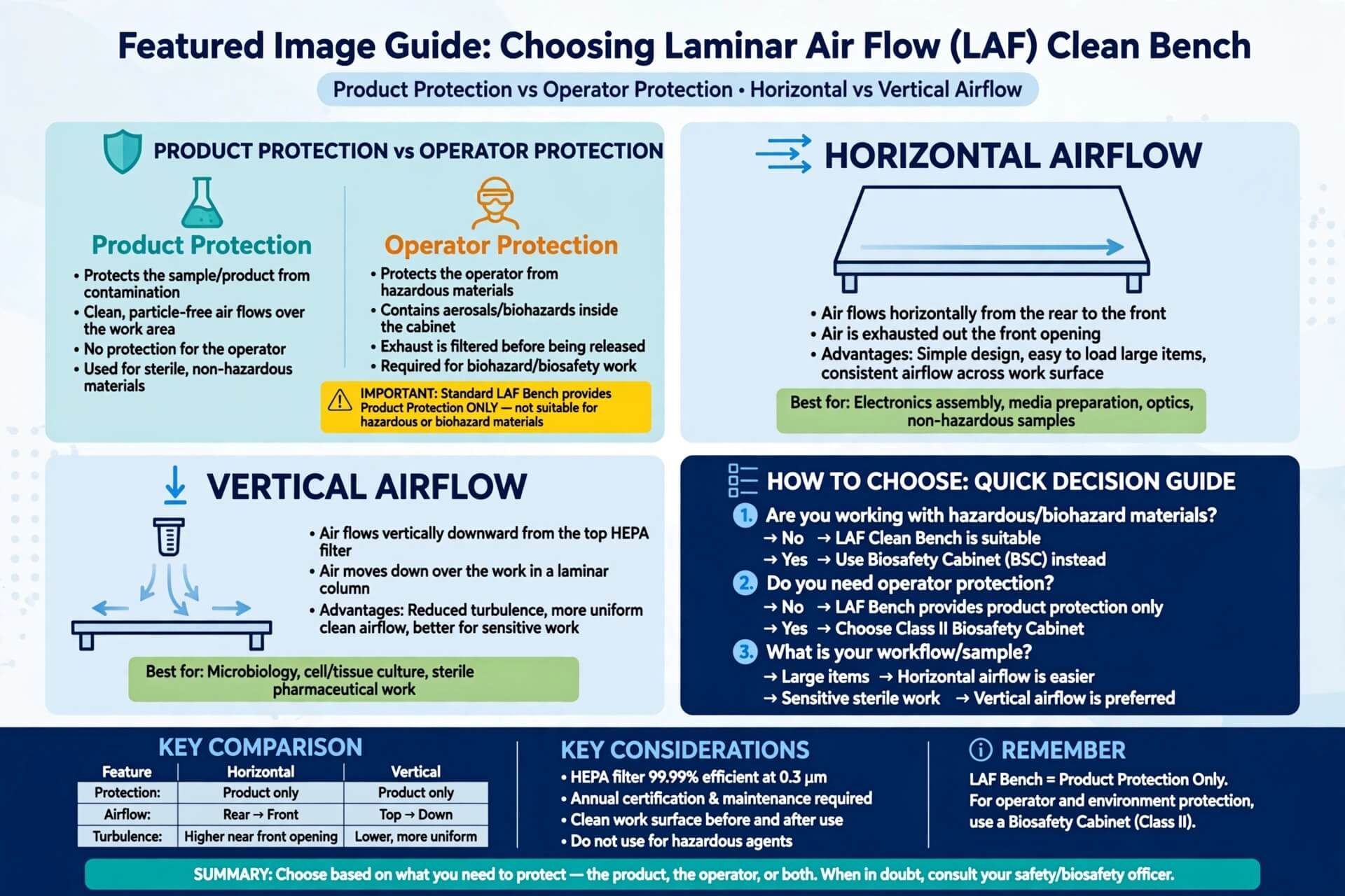 Cara memilih LAF product protection vs operator protection horizontal vs vertical decision guide