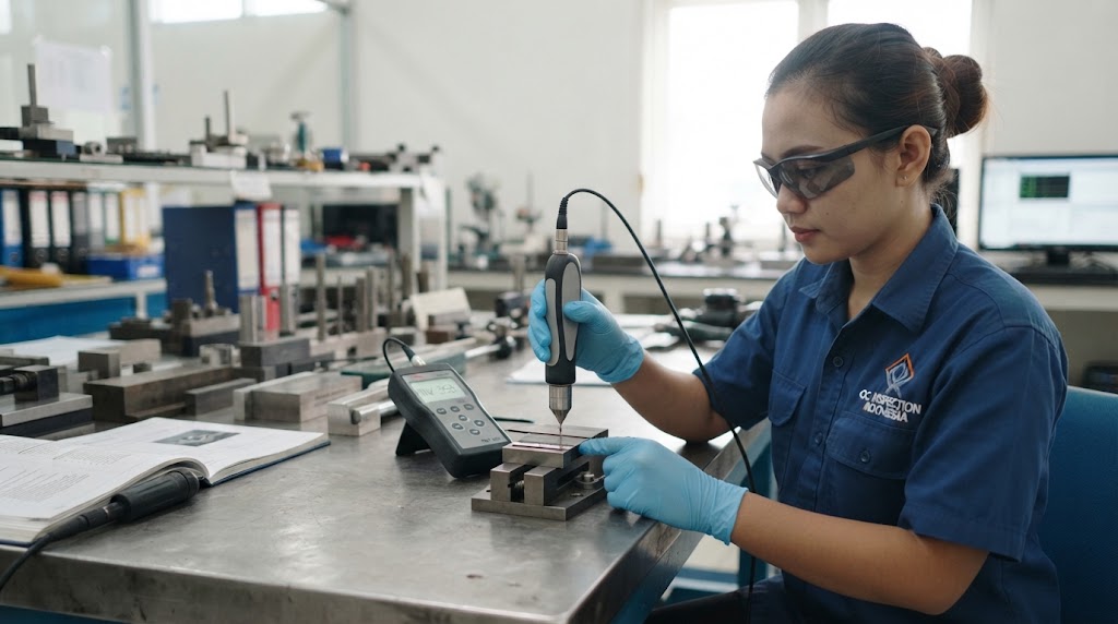 Hardness tester benda ringan dengan metode UCI pada komponen logam tipis