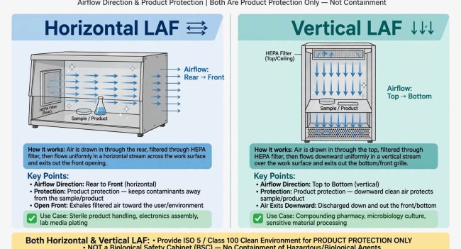 Horizontal vs vertical LAF difference airflow rear to front vs top to bottom product protection only not containment