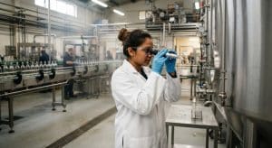 Teknisi QC menguji kadar gula menggunakan refraktometer di lini produksi pabrik minuman