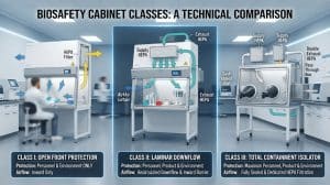 Perbandingan visual tipe Biosafety Cabinet Class I, Class II, dan Class III
