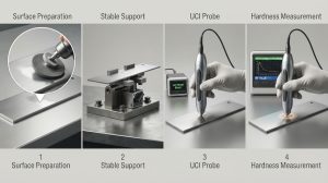 Persiapan pengujian hardness tester UCI pada benda logam ringan dan tipis