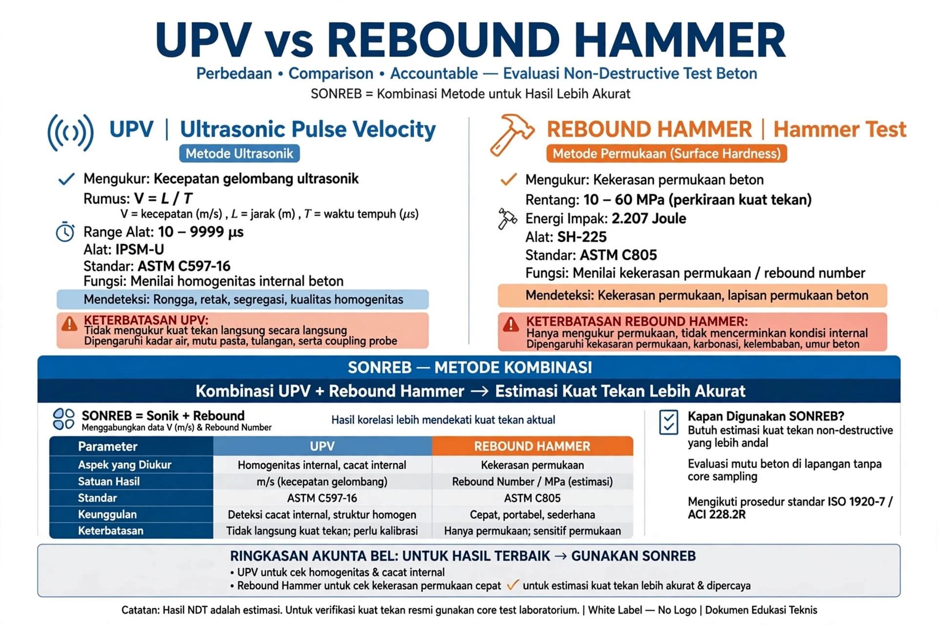 UPV vs Rebound Hammer Perbedaan SONREB Metode Kombinasi UPV IPSM-U 10-9999us ASTM C597-16 vs Rebound Hammer SH-225 10-60 MPa 2.207J ASTM C805 Estimasi Kuat Tekan Lebih Akurat Accountable Novotest International