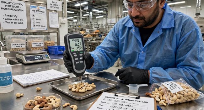 Alat uji kadar air kacang mete di pabrik pengolahan QC processing line moisture meter digital 6.2 persen MC acceptable 5-8 persen