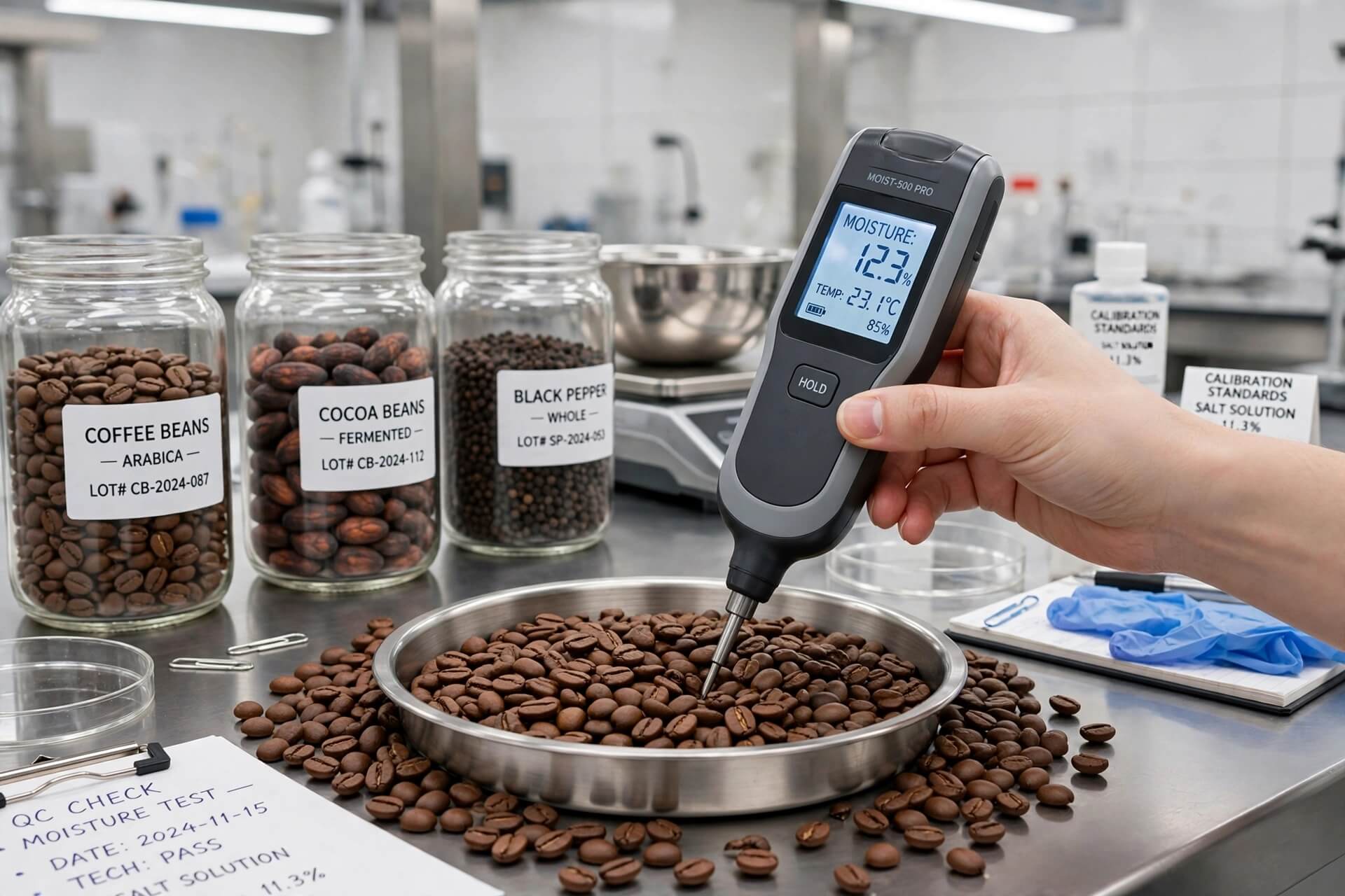 Petugas QC menggunakan alat ukur moisture meter digital untuk menguji kadar air biji kopi di laboratorium ekspor