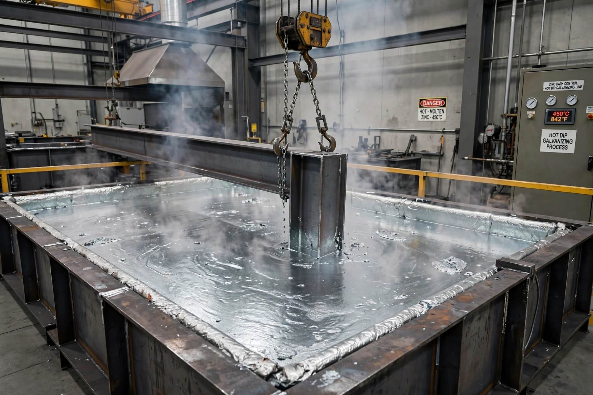Proses hot-dip galvanizing baja dicelupkan ke bak seng cair 450 derajat untuk perlindungan korosi