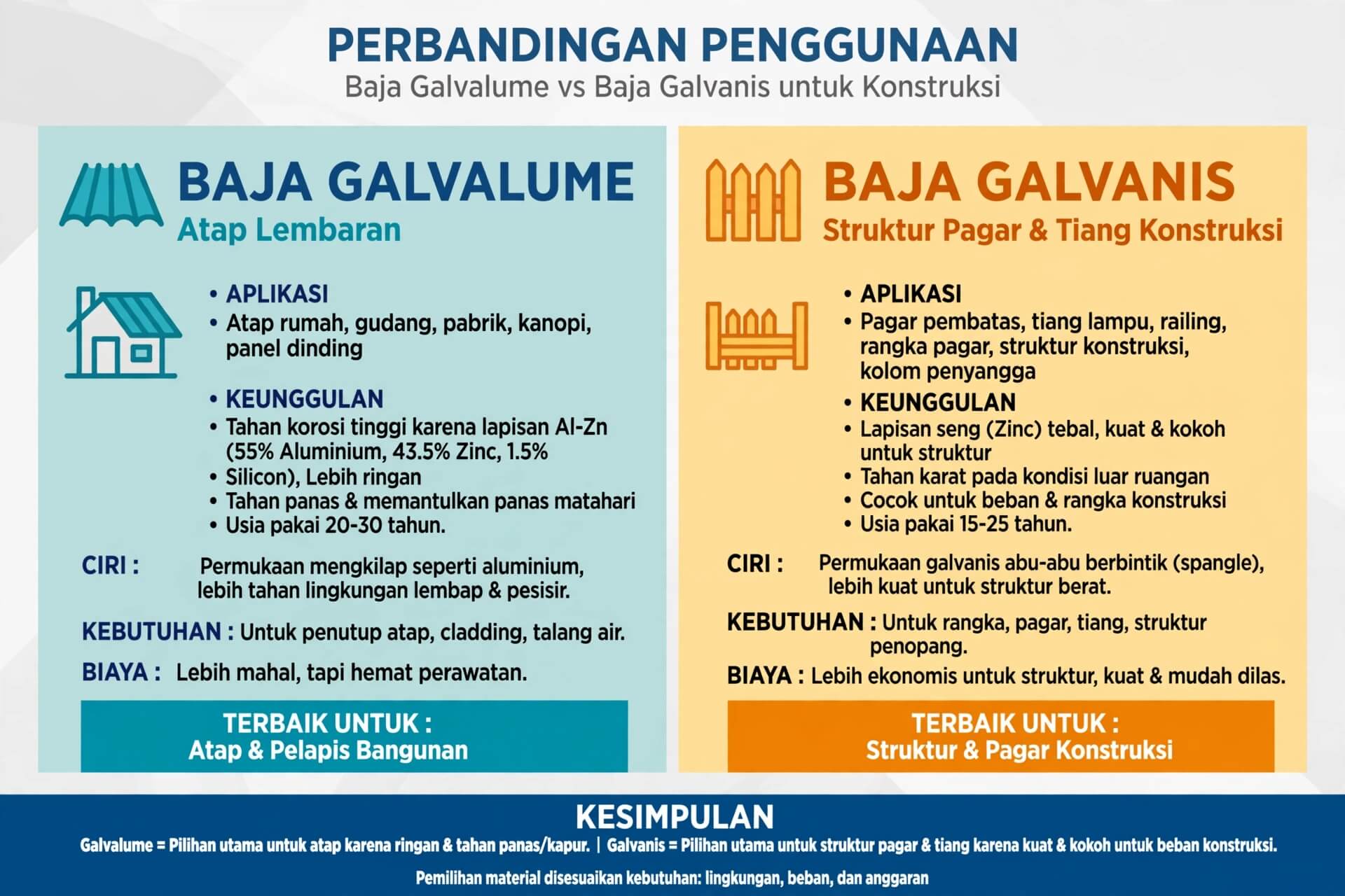 Contoh aplikasi baja lembaran Galvalume untuk atap dan panel serta baja galvanis untuk berbagai komponen konstruksi