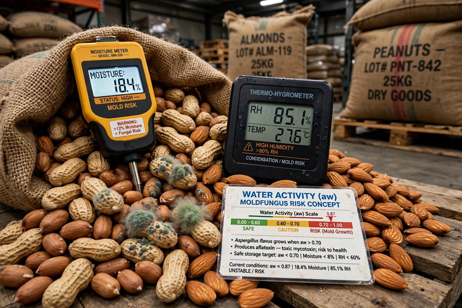 Bahaya aflatoksin kacang tanah almond di gudang faktor risiko aktivitas air aw suhu RH kondensasi Aspergillus flavus monitoring kadar air moisture meter bukan deteksi aflatoksin