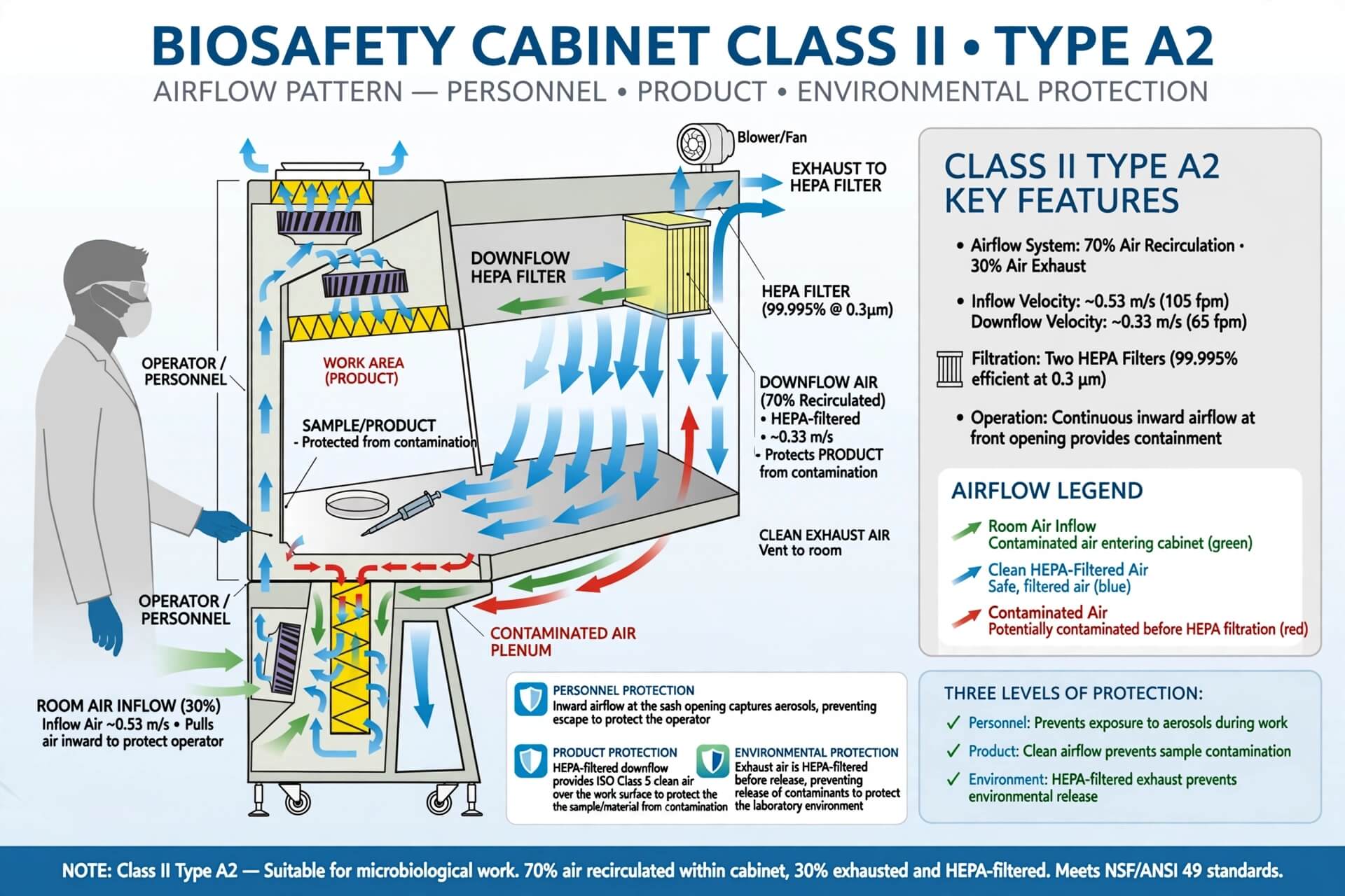 Biosafety Cabinet Class II Type A2 airflow pattern 70 persen recirculated 30 persen exhaust personnel product environmental protection