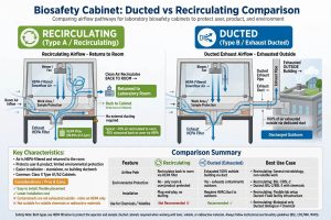 Perbandingan Biosafety Cabinet ducted vs recirculating - diagram aliran exhaust kembali ke ruangan vs dibuang ke luar