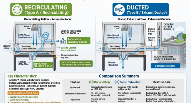 Perbandingan Biosafety Cabinet ducted vs recirculating - diagram aliran exhaust kembali ke ruangan vs dibuang ke luar