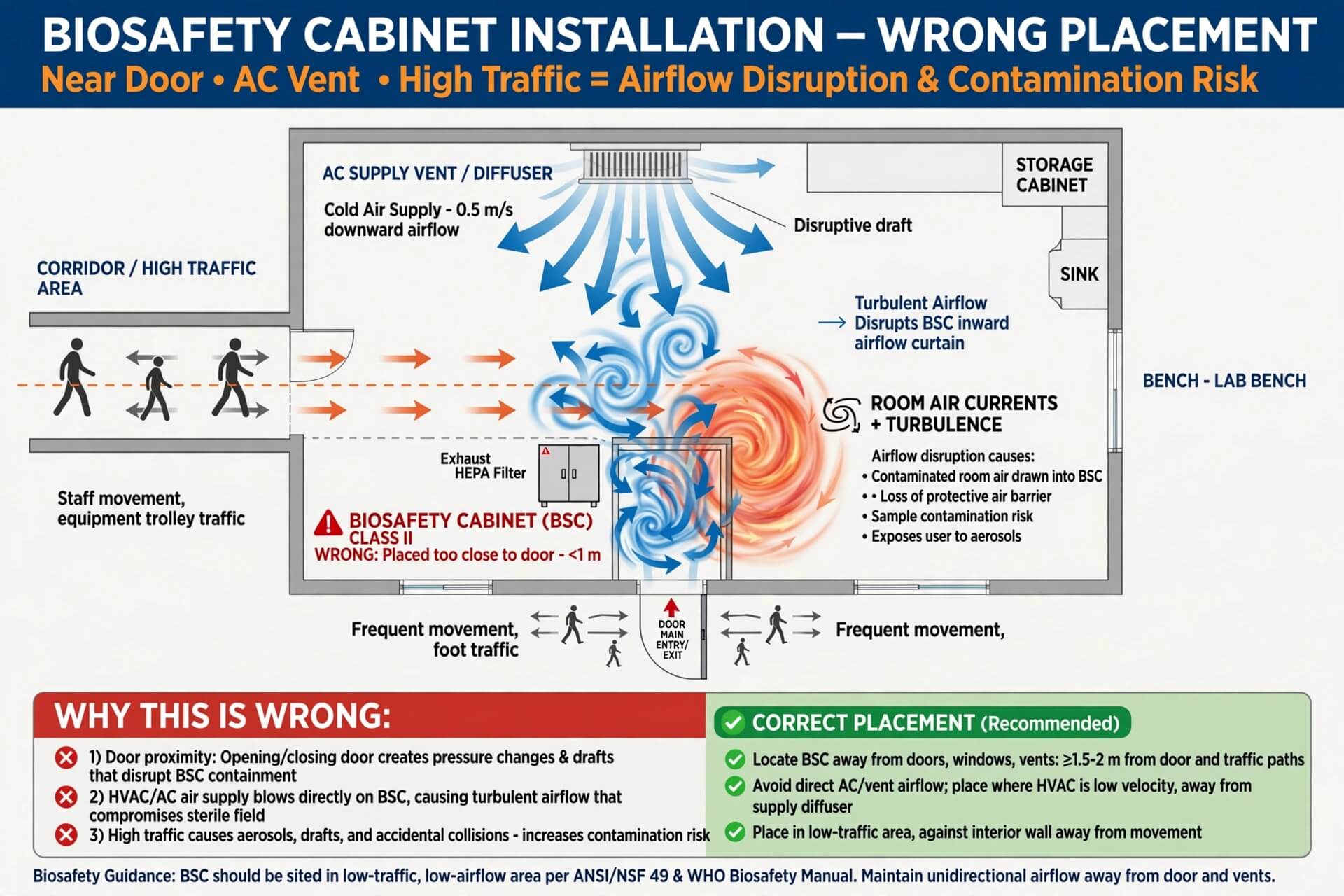 Biosafety Cabinet installation wrong placement near door AC vent high traffic airflow disruption contamination risk