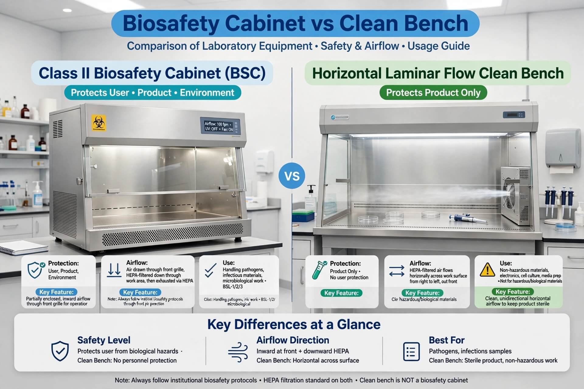 Perbandingan Biosafety Cabinet Class II vs Clean Bench horizontal laminar flow