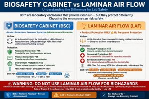 Infografis perbedaan Biosafety Cabinet vs Laminar Air Flow warning jangan pakai LAF untuk biohazard
