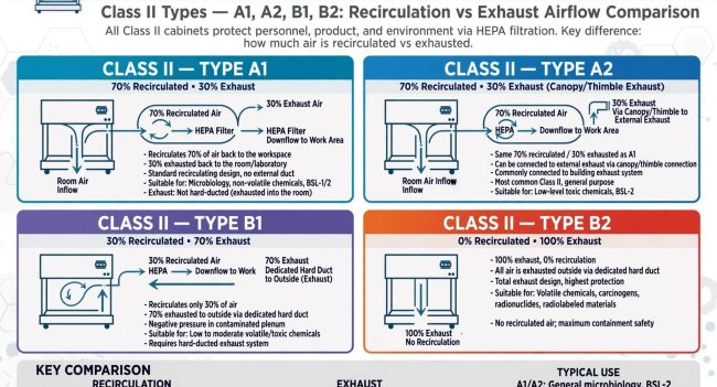 Biosafety Cabinet Class II Type A1 A2 B1 B2 perbedaan recirculation vs exhaust airflow 70-30 30-70 100 percent