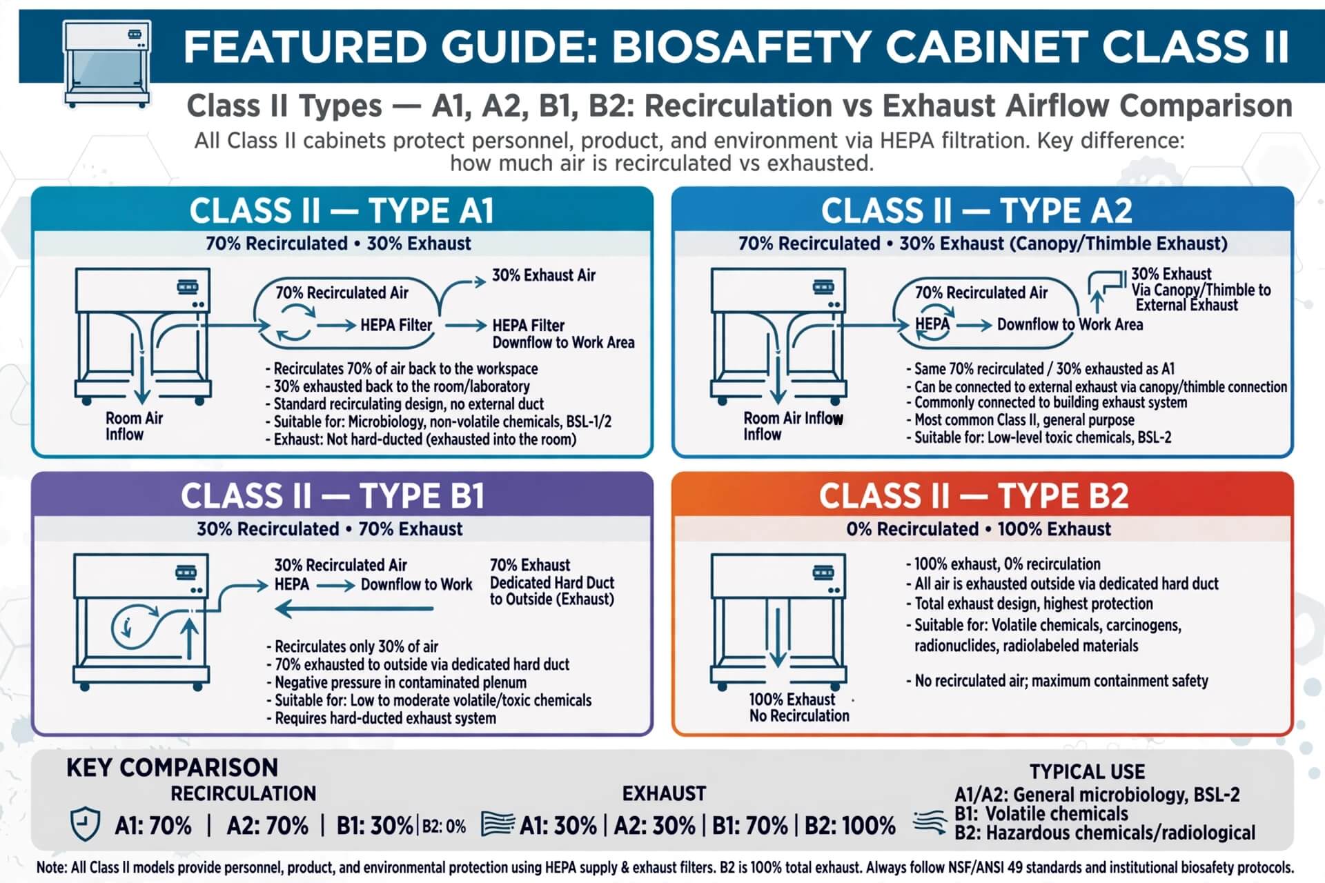 Biosafety Cabinet Class II Type A1 A2 B1 B2 perbedaan recirculation vs exhaust airflow 70-30 30-70 100 percent