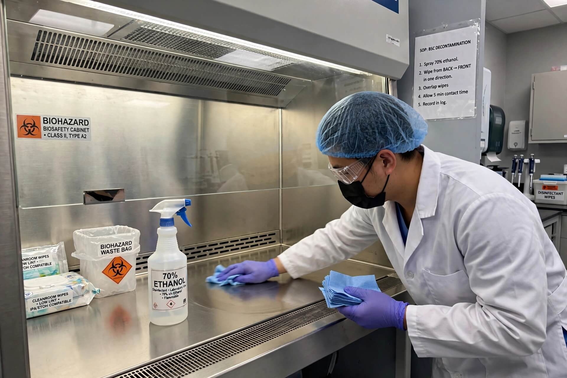 Teknisi membersihkan dan disinfeksi Biosafety Cabinet interior dengan 70 persen ethanol teknik wipe back to front