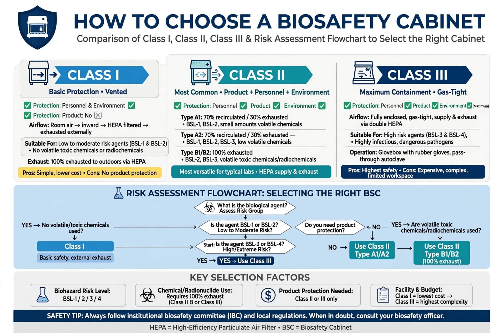 Cara memilih Biosafety Cabinet risk assessment flowchart Class I Class II Class III perbandingan perlindungan