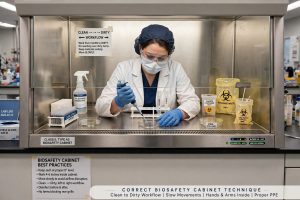Teknik benar menggunakan Biosafety Cabinet Class II A2 clean to dirty workflow gerakan lambat PPE lengkap
