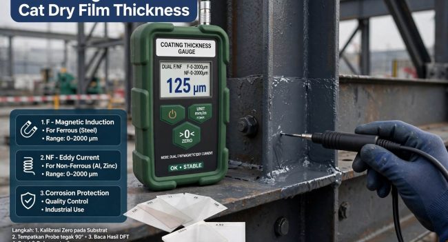 Cara mengukur ketebalan lapisan (DFT) cat menggunakan Coating Thickness Gauge NOVOTEST F/NF (rentang 0–2000 µm).