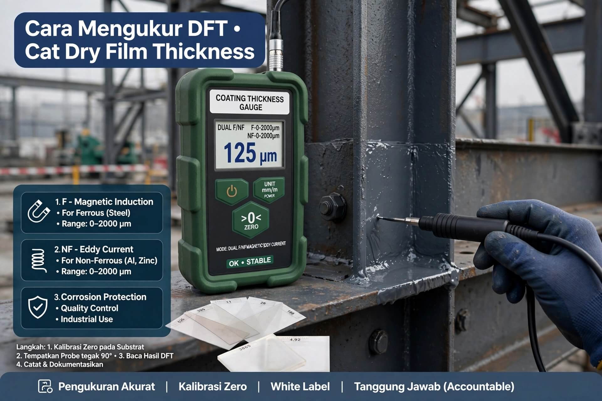 Cara mengukur ketebalan lapisan (DFT) cat menggunakan Coating Thickness Gauge NOVOTEST F/NF (rentang 0–2000 µm).