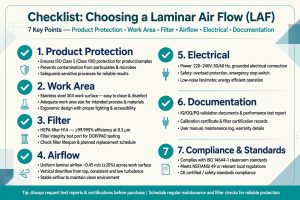 Checklist memilih LAF 7 poin product protection work area filter airflow electrical documentation compliance