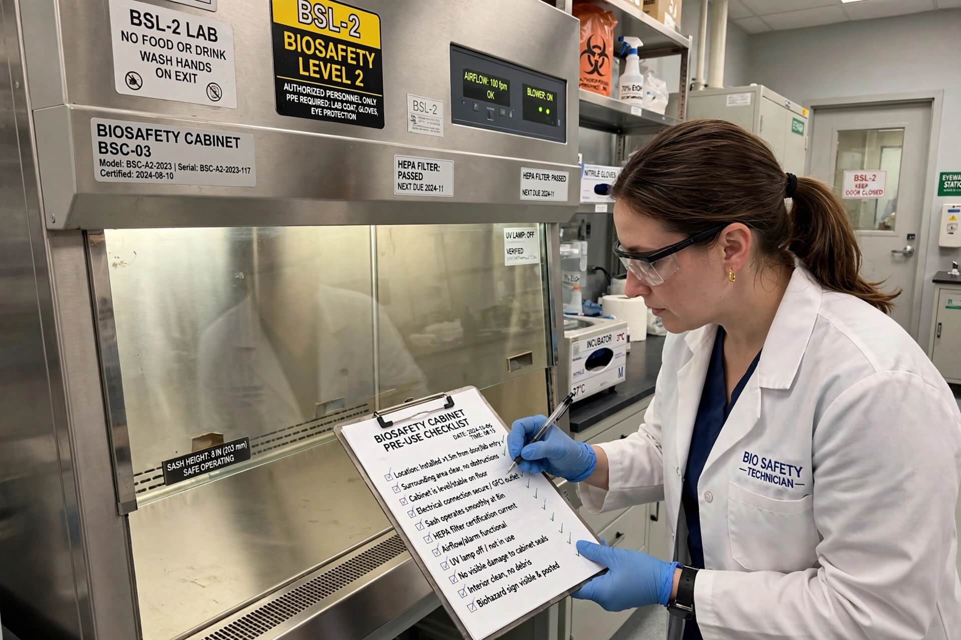 Teknisi lab melakukan checklist pemeriksaan Biosafety Cabinet sebelum digunakan dengan form pre-use inspection
