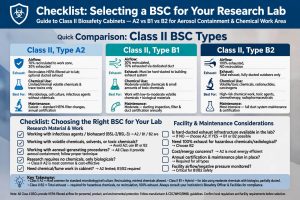 Checklist pemilihan BSC lab penelitian Class II A2 vs B1 vs B2 airflow exhaust chemical