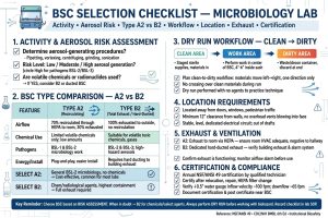 Checklist pemilihan BSC mikrobiologi Type A2 vs B2 activity aerosol workflow clean to dirty exhaust sertifikasi NSF