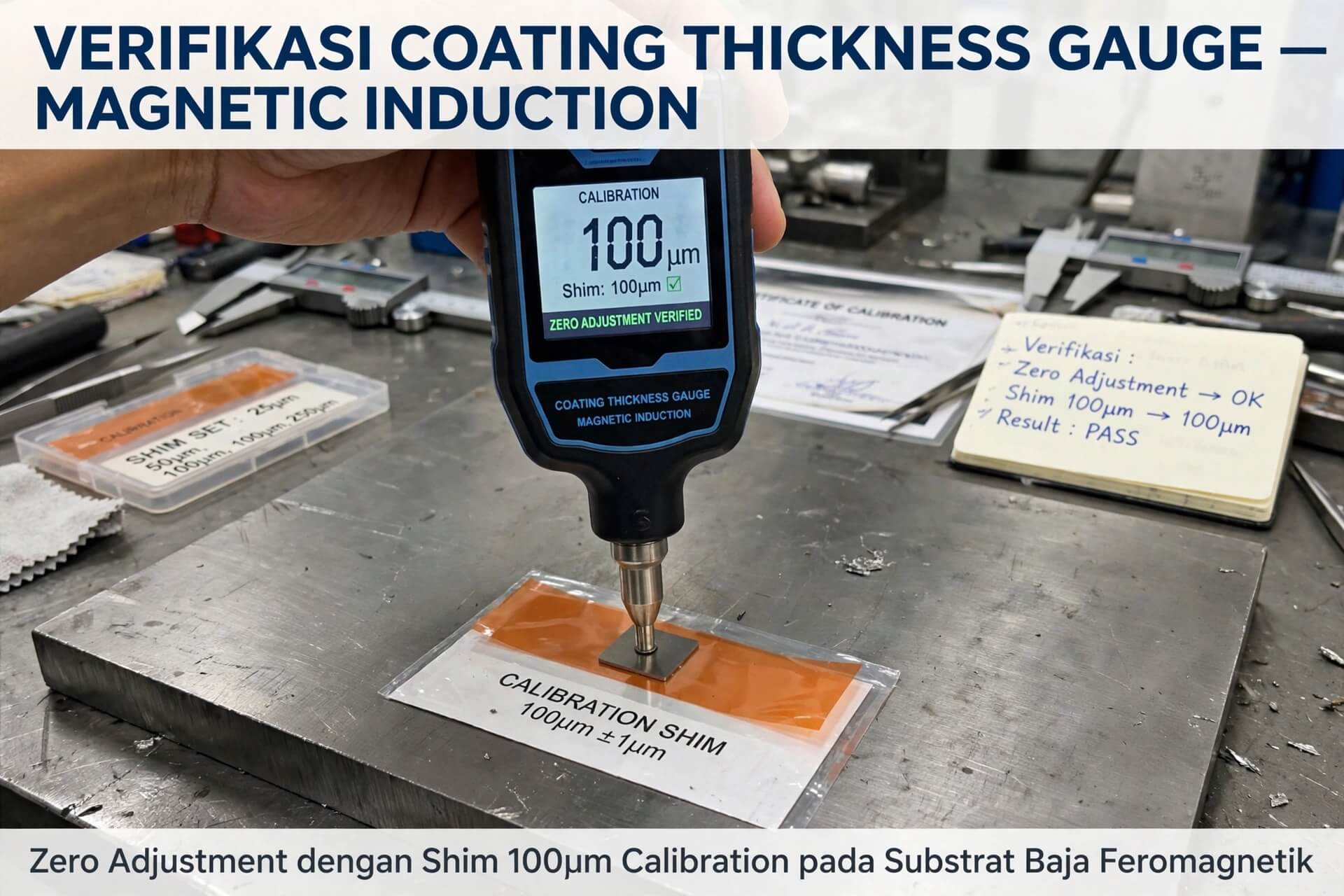 Verifikasi coating thickness gauge dengan shim ketebalan 100 µm pada substrat baja feromagnetik