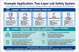 Contoh penerapan primary BSC aerosol work SOP secondary lab layout handwash waste incident risk assessment