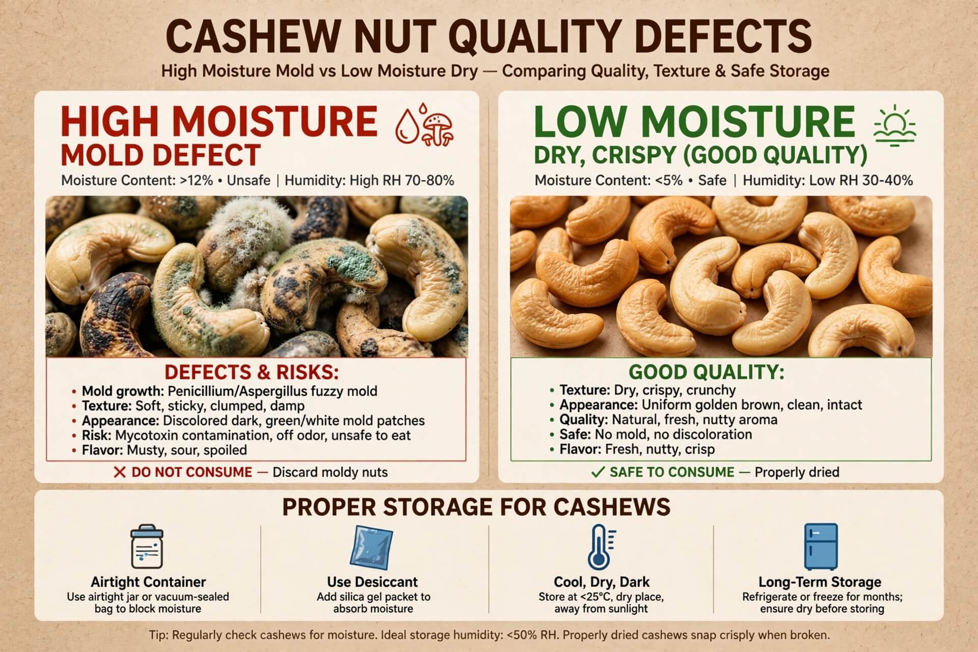 Dampak kadar air tinggi kacang mete berjamur mold defect lebih 12 persen vs kadar air rendah 5 persen kering renyah crispy kualitas baik