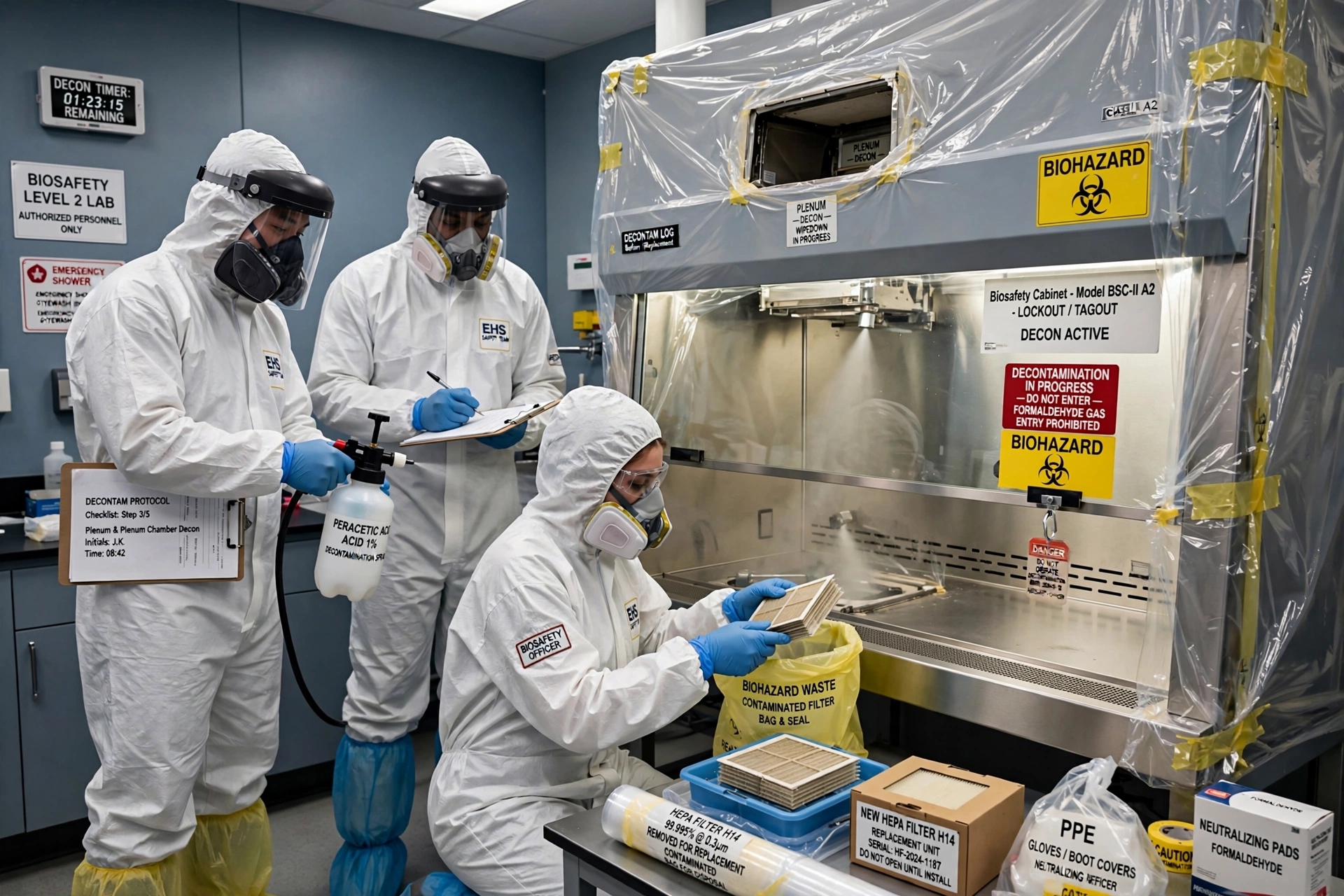 Tim profesional EHS melakukan dekontaminasi total biosafety cabinet Class II A2 mencakup plenum dan HEPA filter sebelum ganti filter dan relokasi