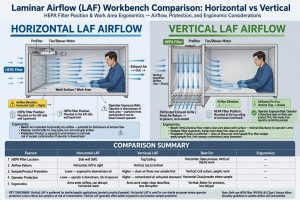 Detail airflow horizontal vs vertical LAF HEPA position ergonomics comparison summary