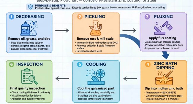 Diagram tahapan proses hot dip galvanizing mulai dari degreasing, pickling, fluxing, pencelupan seng cair, pendinginan, hingga inspeksi