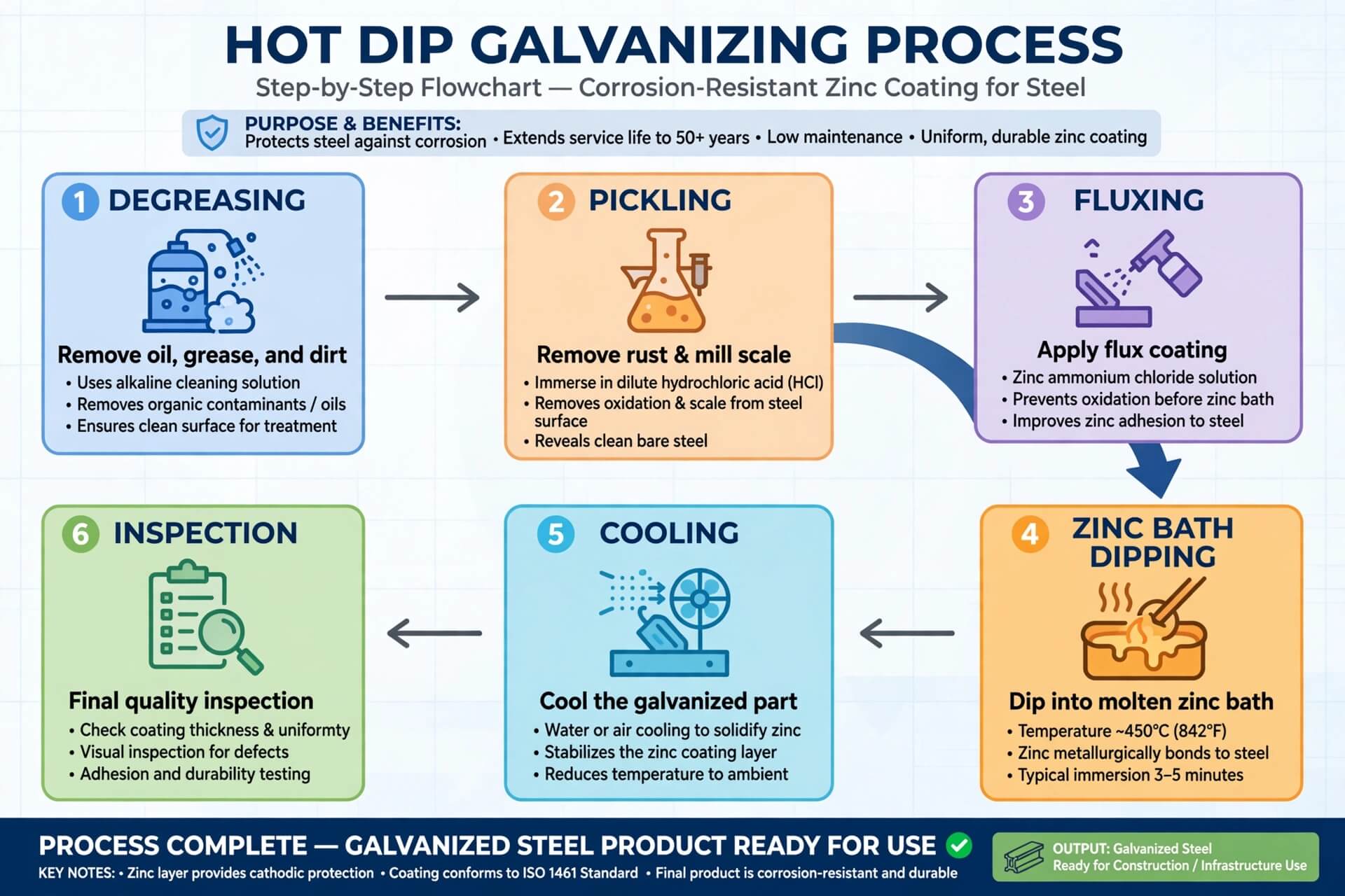 Diagram tahapan proses hot dip galvanizing mulai dari degreasing, pickling, fluxing, pencelupan seng cair, pendinginan, hingga inspeksi